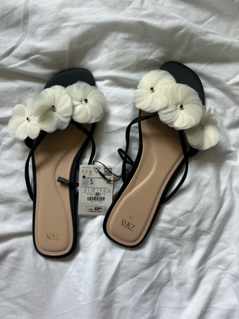 Zara Sandal Slides White- Fabric Flowers Flip Flops
